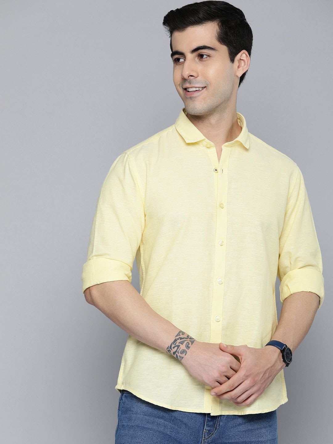 Mast & Harbour Men Yellow Solid Opaque Cotton Linen Casual Shirt - right view