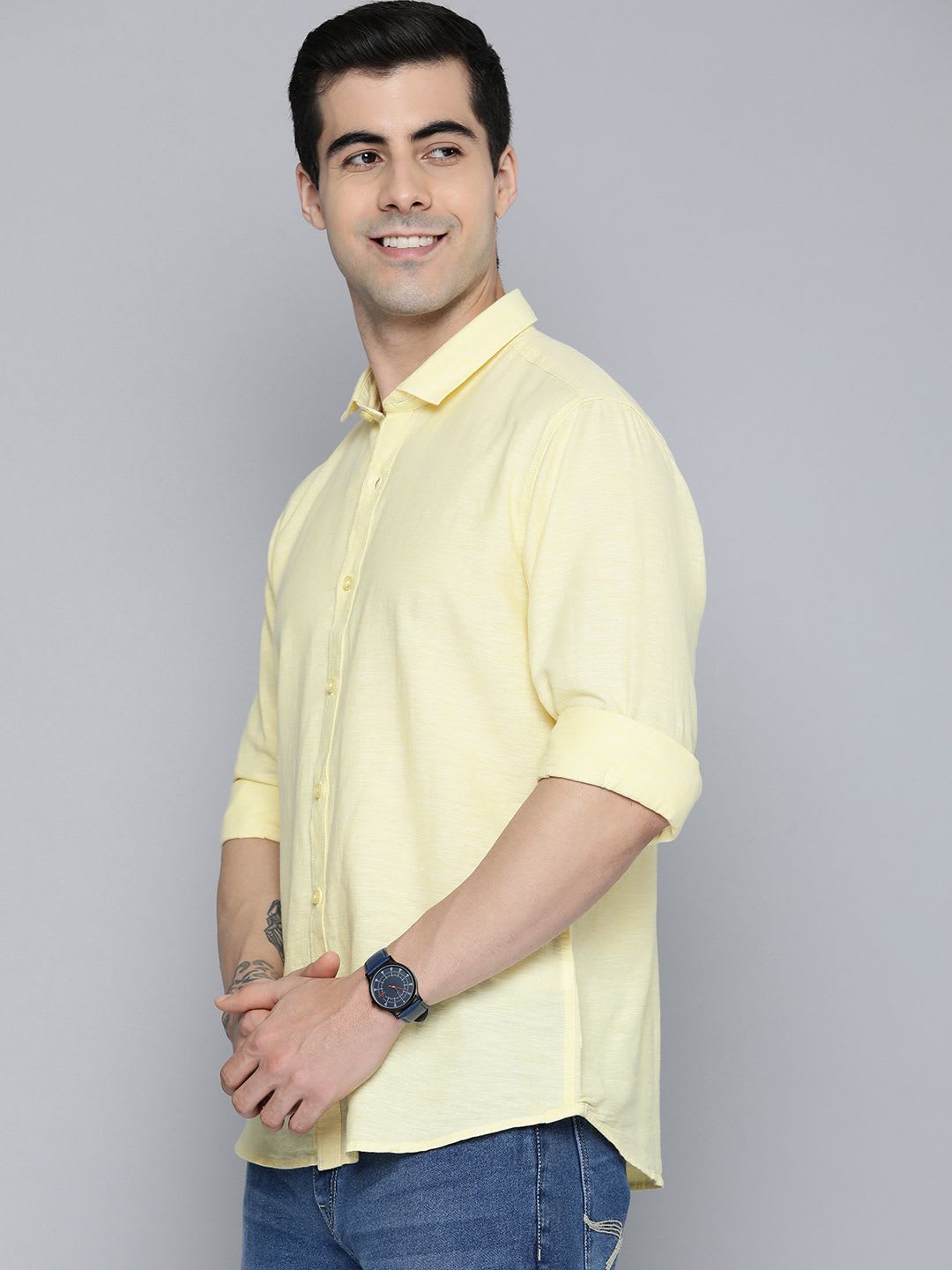 Mast & Harbour Men Yellow Solid Opaque Cotton Linen Casual Shirt - left view