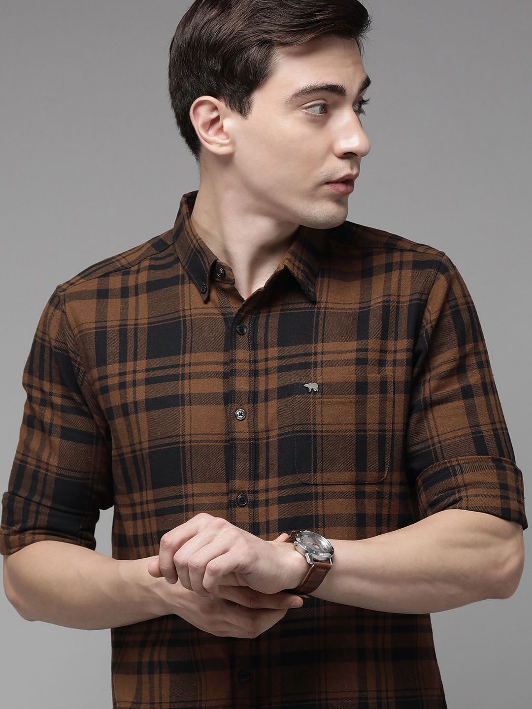 THE BEAR HOUSE Men Brown Slim Fit Pure Cotton Checked Flannel Casual Shirt - default view