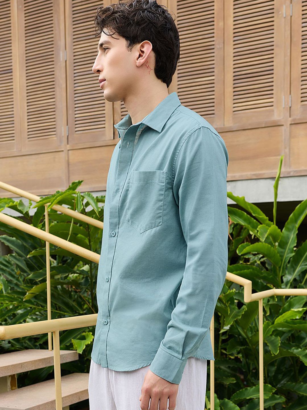 Bewakoof Men's Teal Blue Cotton Linen Shirt - back view