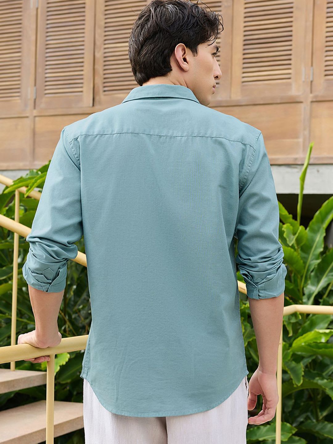 Bewakoof Men's Teal Blue Cotton Linen Shirt - right view