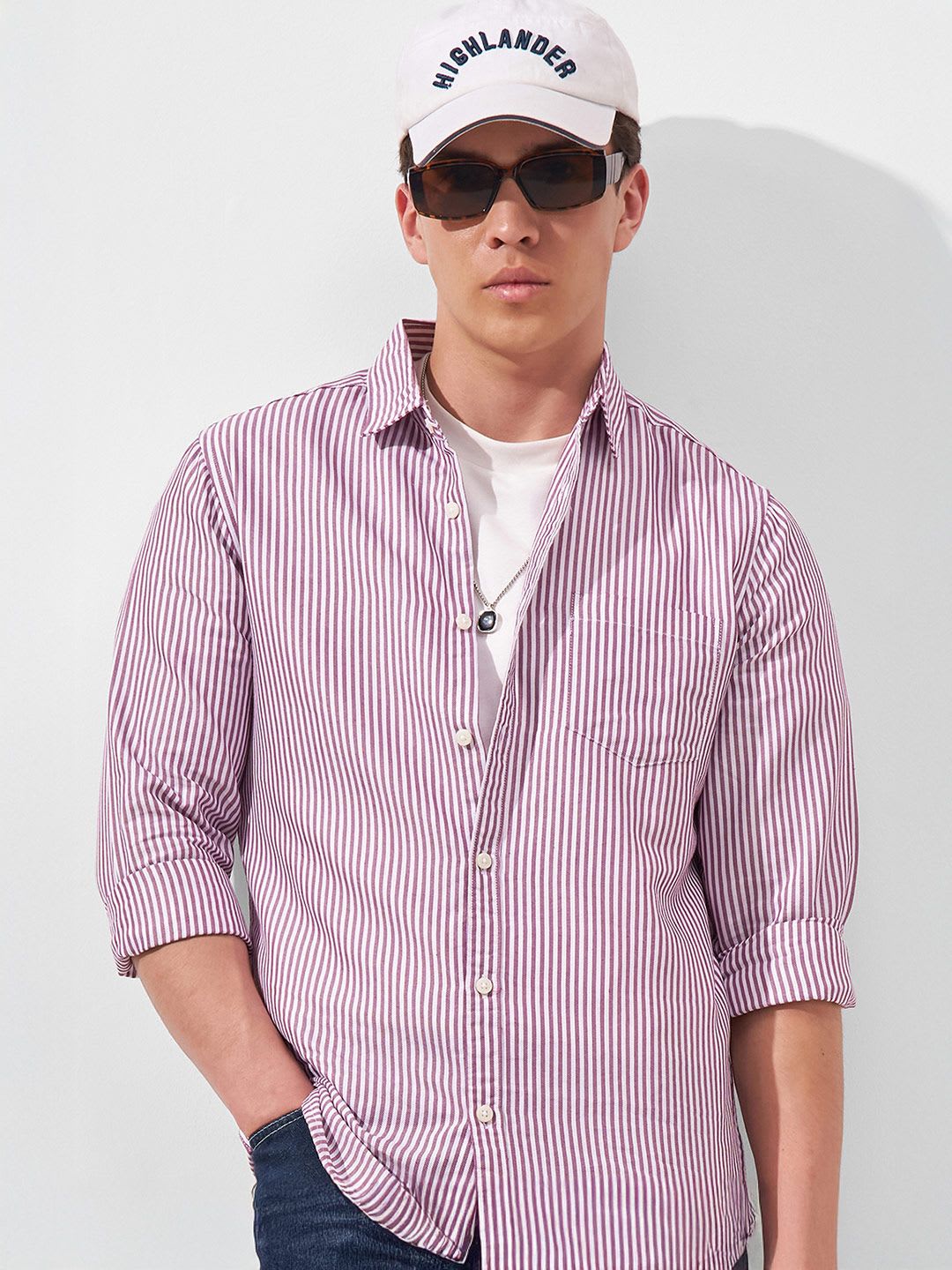 HIGHLANDER Lavender Slim Fit Vertical Striped Spread Collar Chest Pocket Casual Shirt - default view