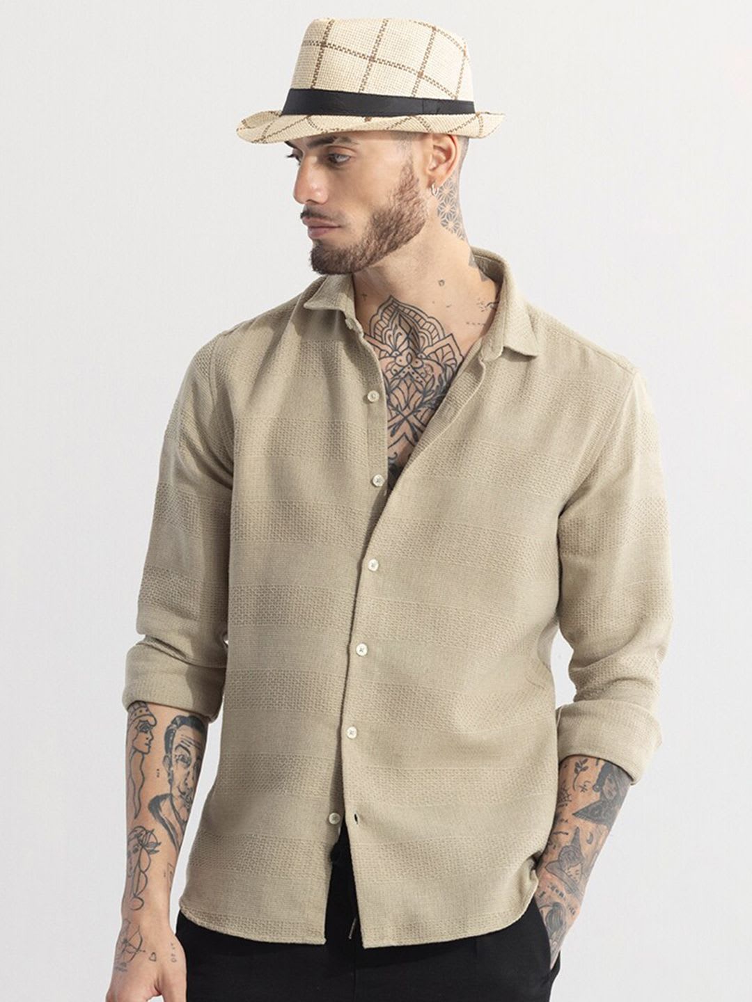 Snitch Straight Khaki Slim Fit Spread Collar Cotton Casual Shirt - back view