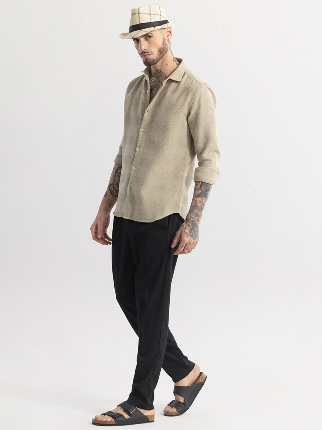 Snitch Straight Khaki Slim Fit Spread Collar Cotton Casual Shirt - left view