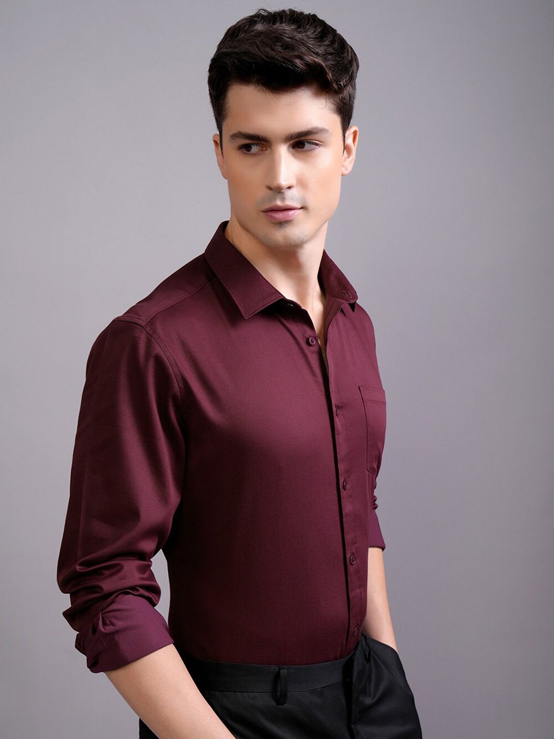HIGHLANDER Men Satin Burgundy Slim Fit Shirt - back view