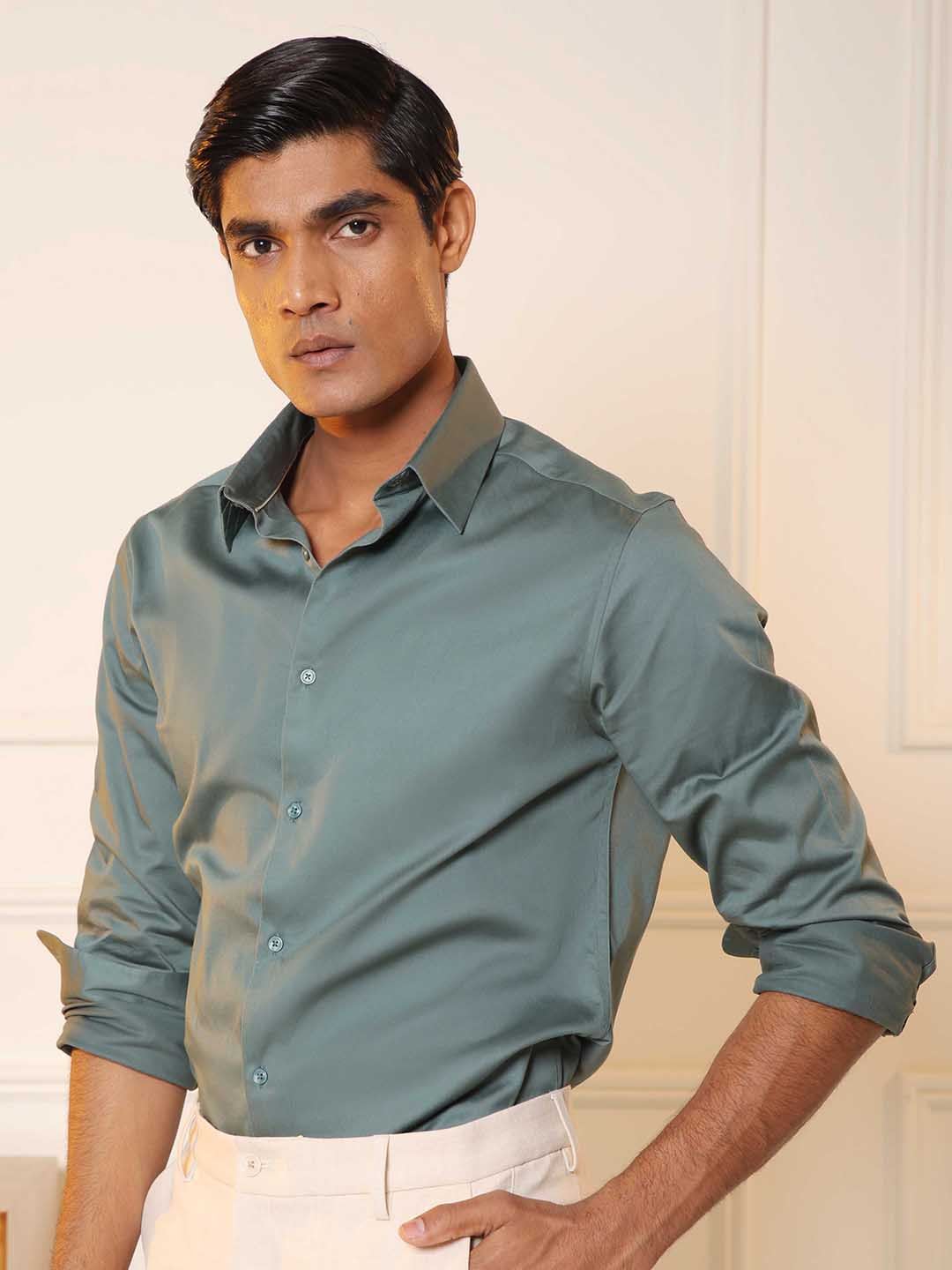 SUBTRACT Men 2 Way Stretch Slim Fit Cotton Satin Party Shirt - default view