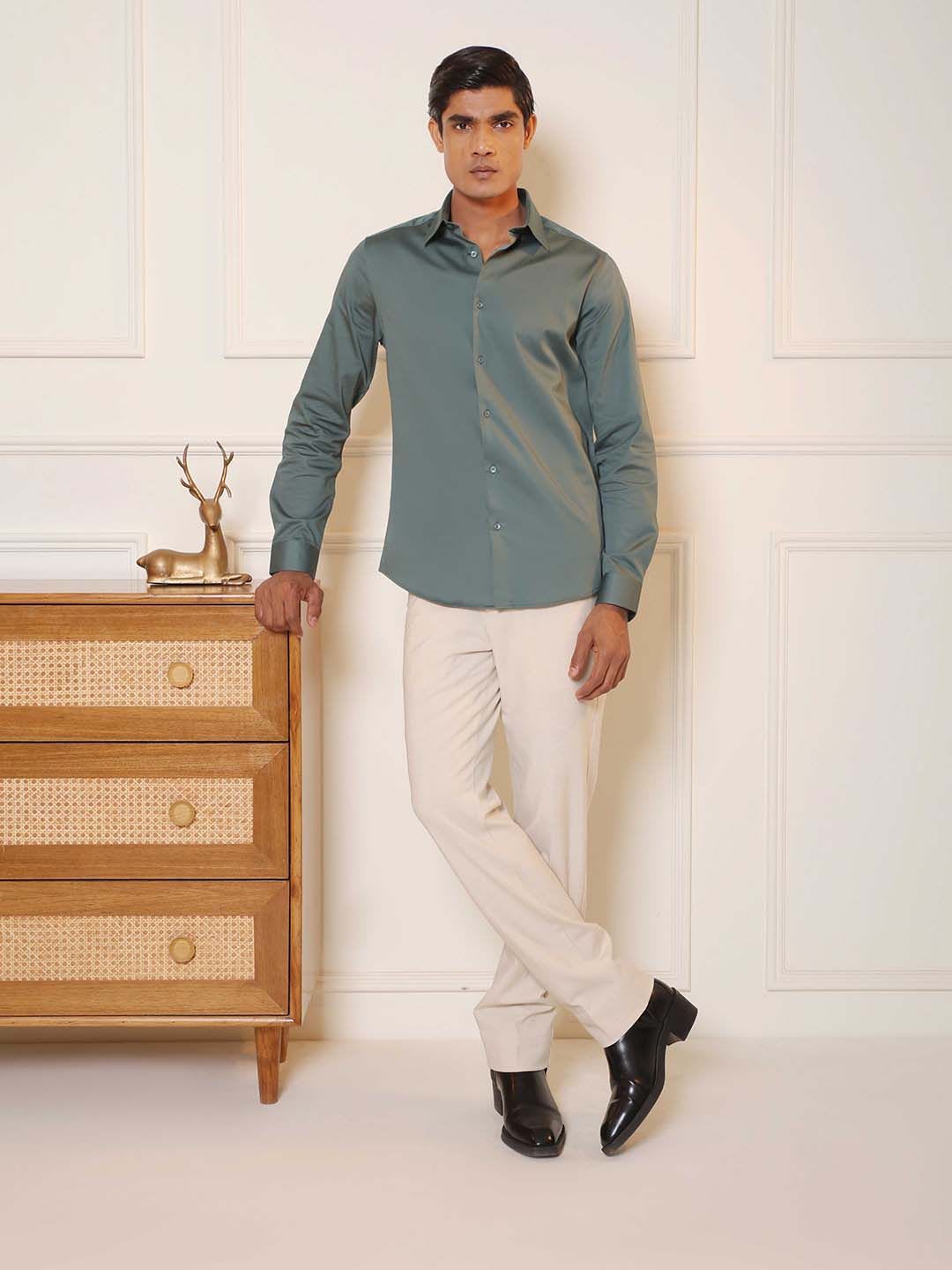 SUBTRACT Men 2 Way Stretch Slim Fit Cotton Satin Party Shirt - left view