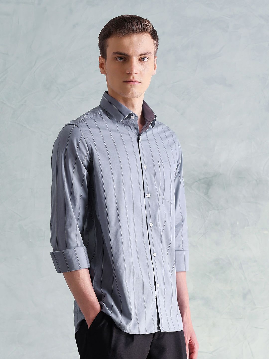 Arrow Men Comfort Spread Collar Vertical Striped Cotton Slim Fit Formal Shirt - right view