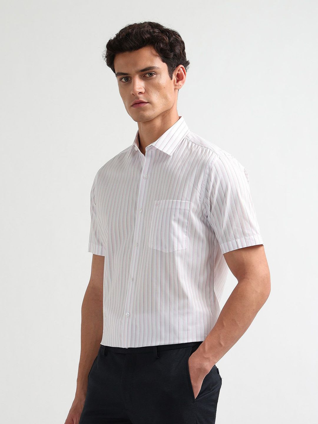 Arrow Men Liberty Classic Fit Vertical Striped Spread Collar Pure Cotton Formal Shirt - back view