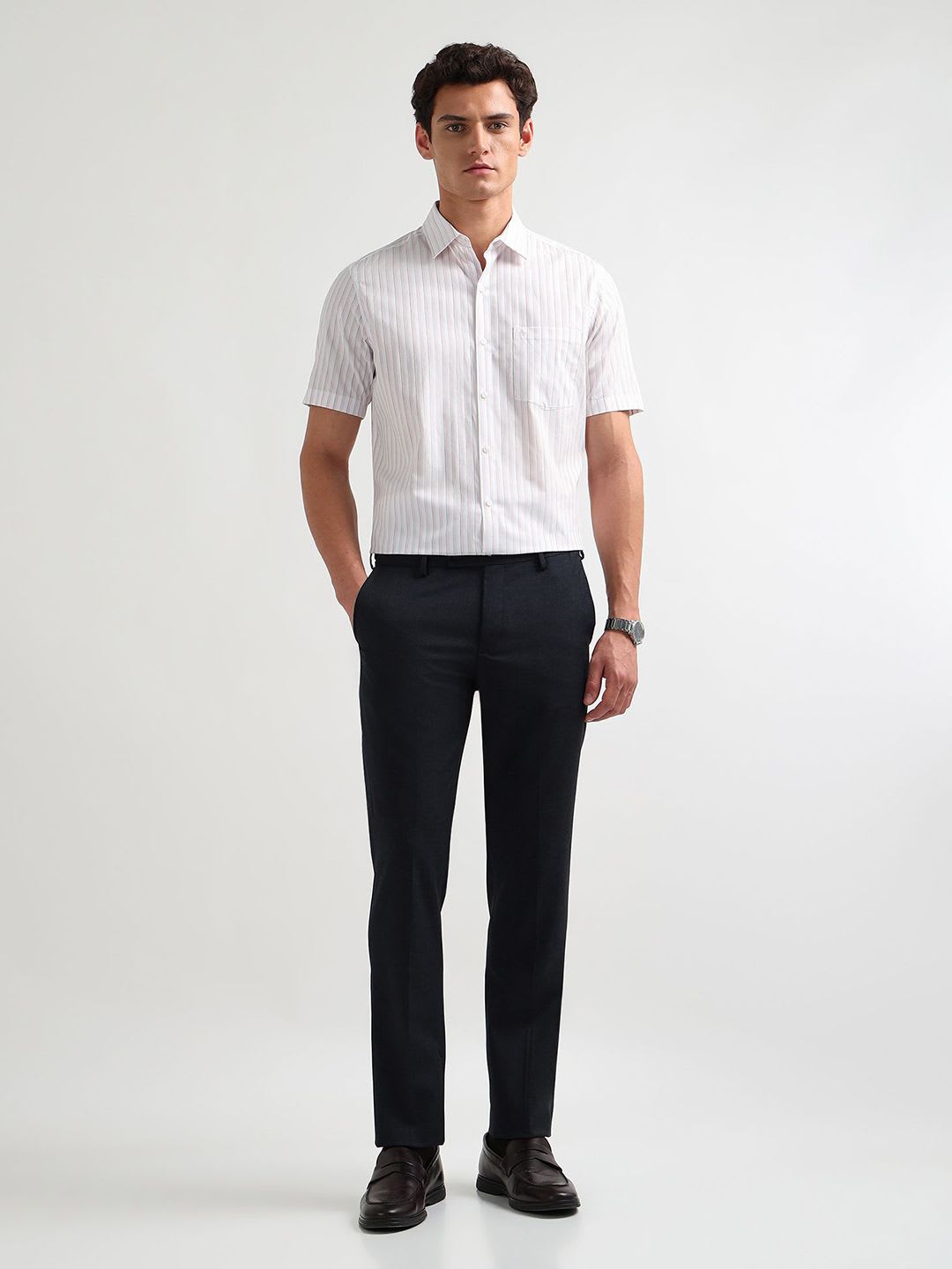 Arrow Men Liberty Classic Fit Vertical Striped Spread Collar Pure Cotton Formal Shirt - left view