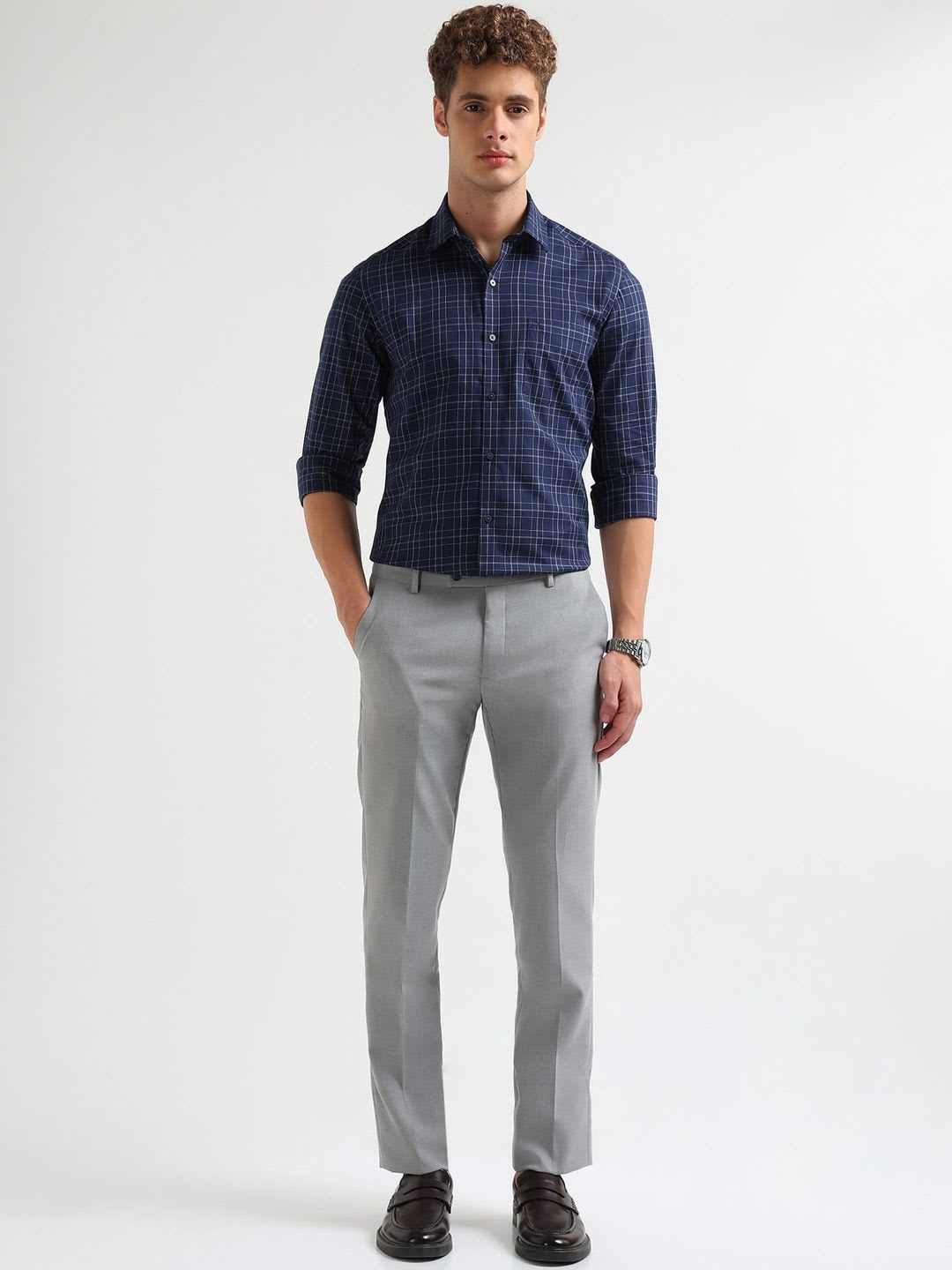 Arrow Men Slim Fit Windowpane Checks Checked Semiformal Shirt - back view