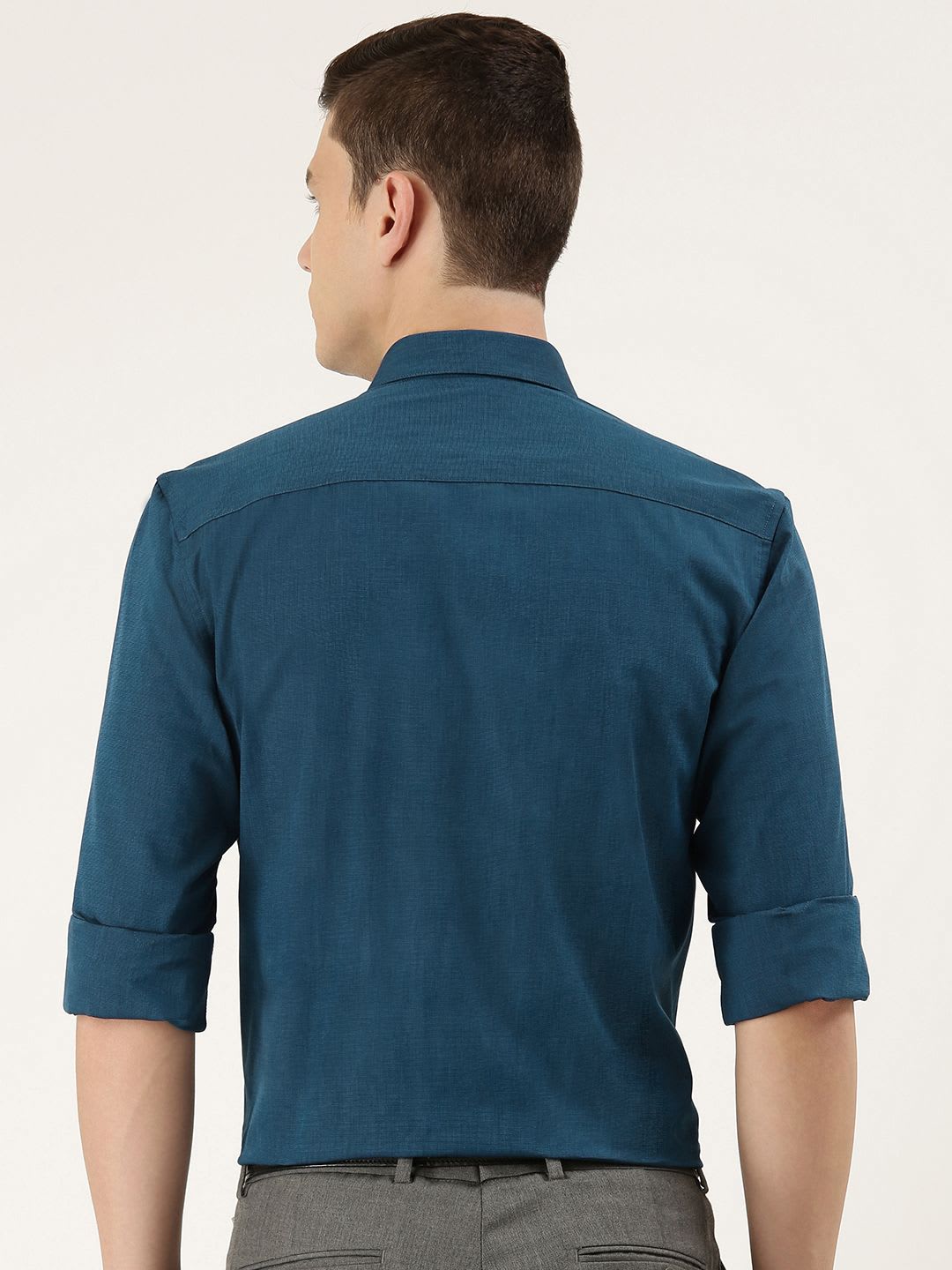 Peter England Men Teal Blue Solid Slim Fit Pure Cotton Formal Shirt - left view