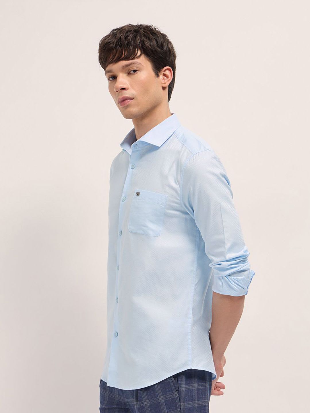 THE BEAR HOUSE Self Design Woven Design Tailored Fit Cotton Formal Shirt - back view