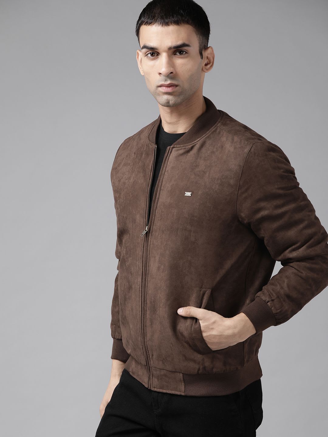 Roadster Men Brown Suede Finish Bomber Jacket - back view