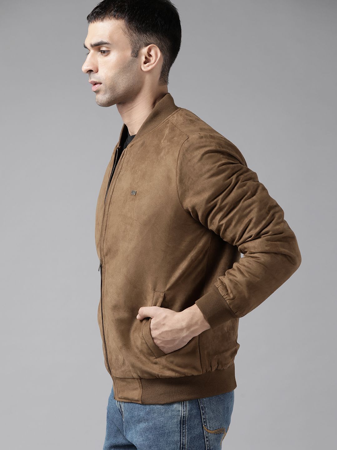 Roadster Men Brown Suede Finish Bomber Jacket - back view