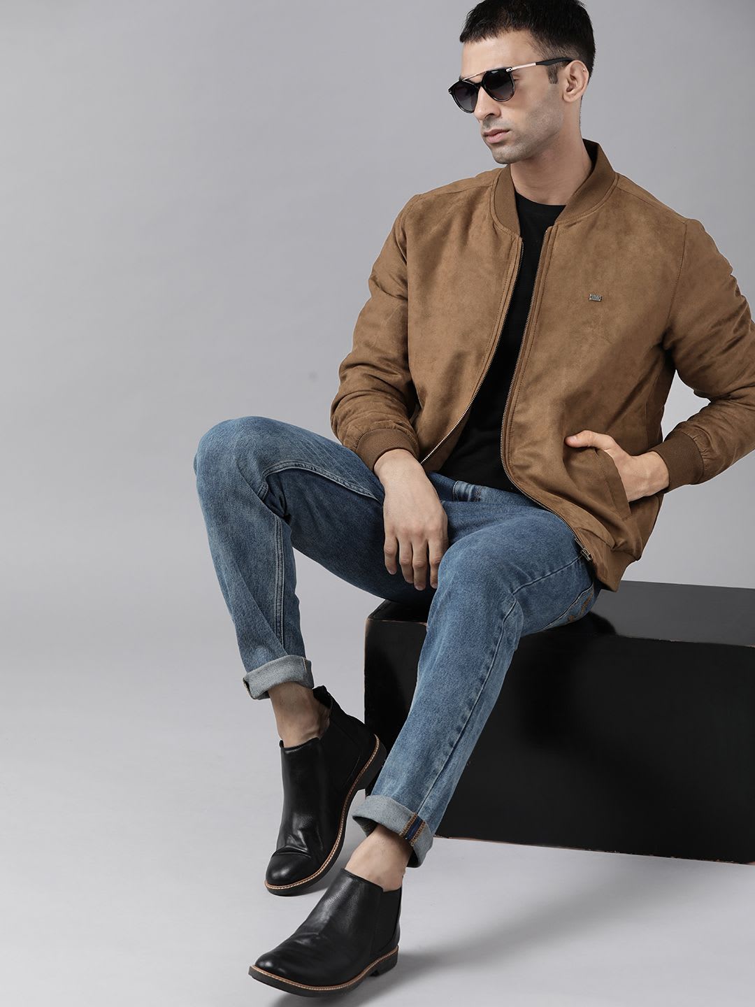 Roadster Men Brown Suede Finish Bomber Jacket - left view