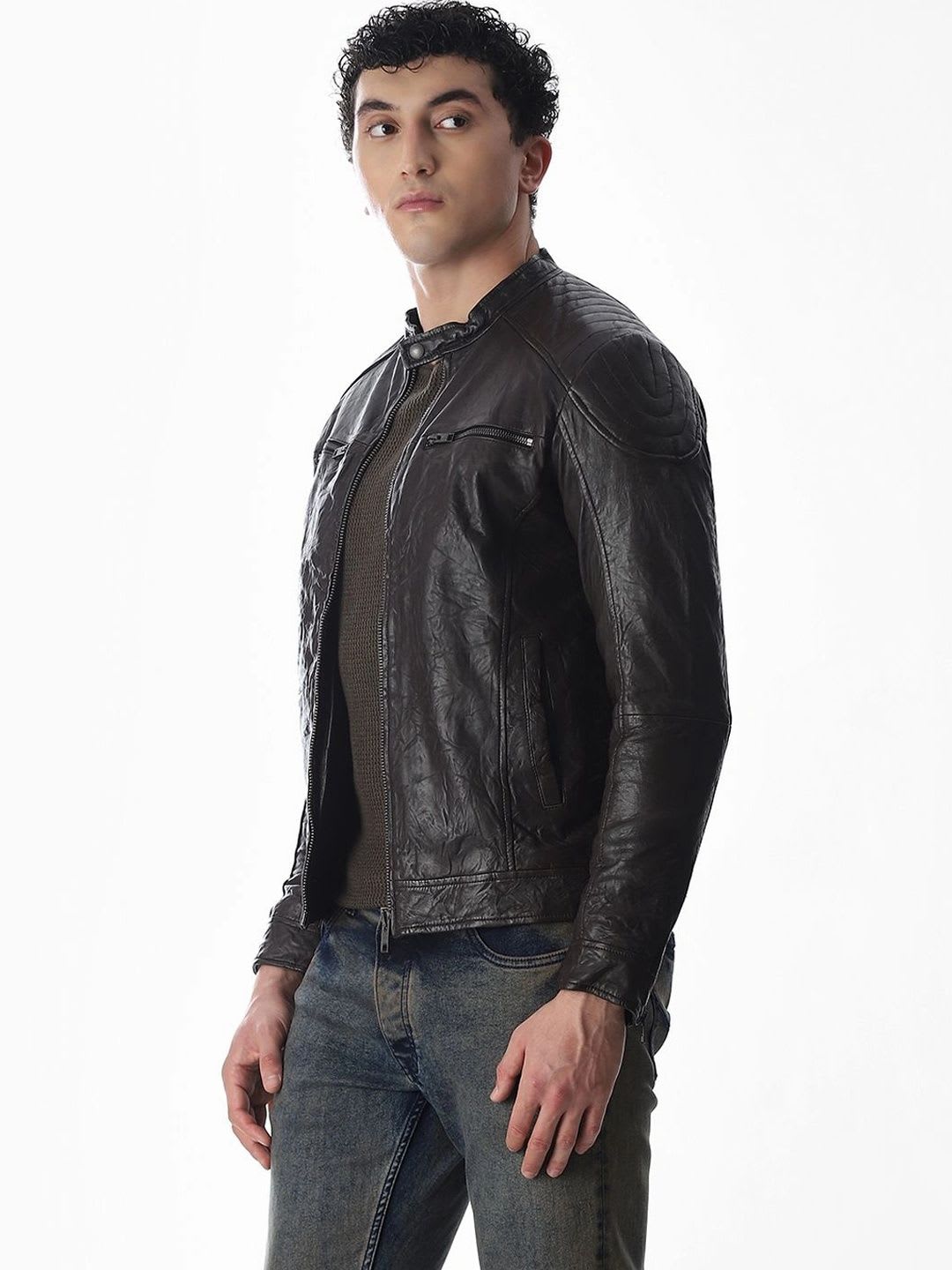 Jack & Jones Men Leather Biker Jacket - back view