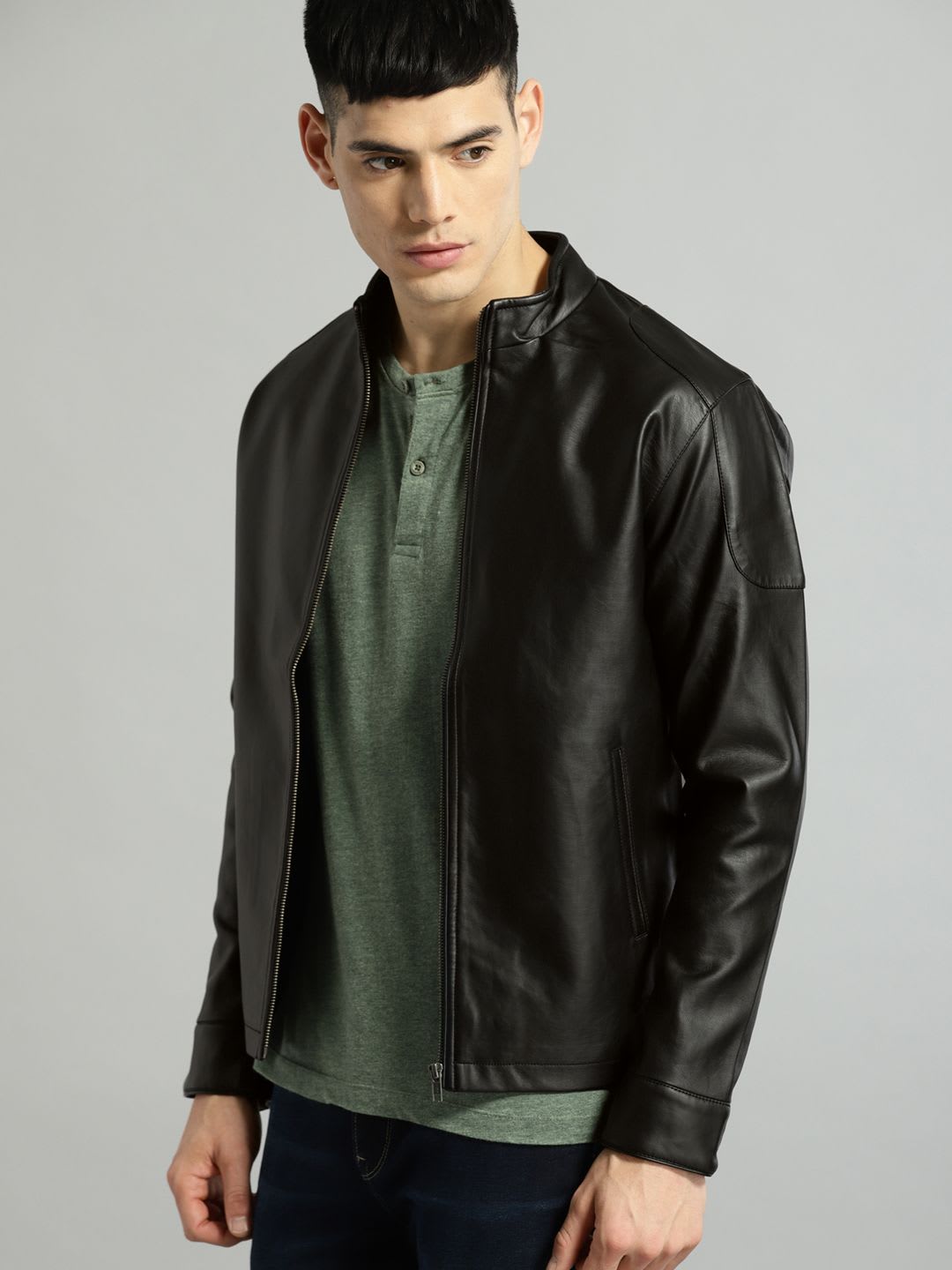 Roadster Men Black Solid Leather Jacket - back view