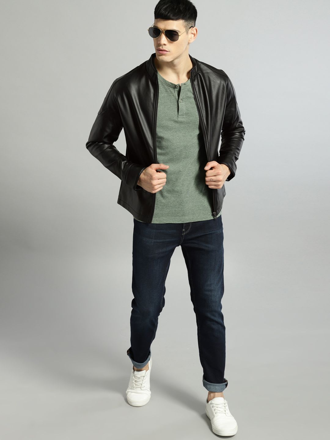Roadster Men Black Solid Leather Jacket - left view