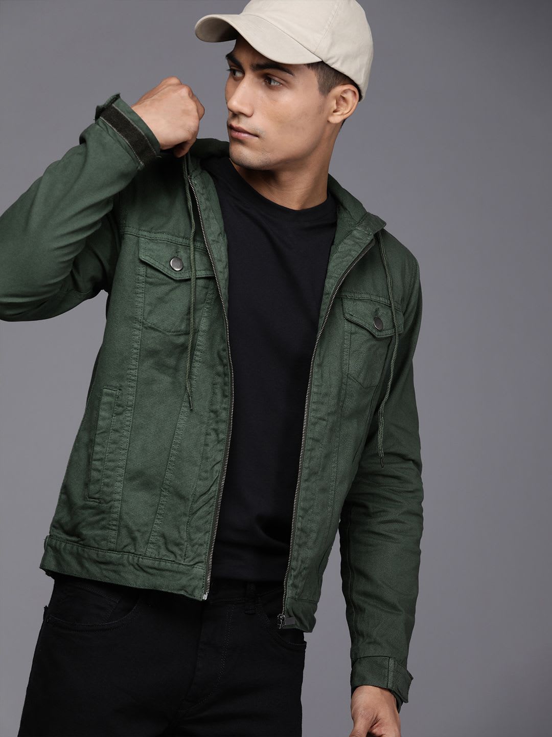 WROGN Men Olive Green Solid Hooded  Cotton Denim Jacket - default view