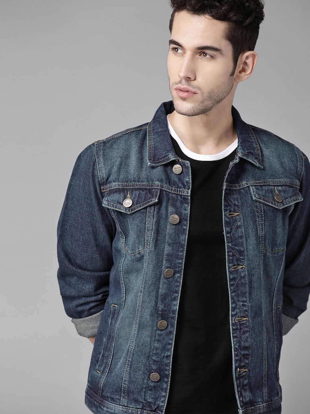 Roadster Men Navy Blue Washed Denim Jacket - default view