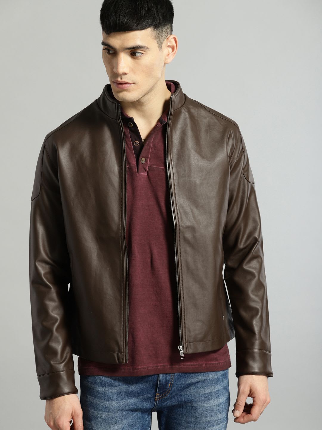 Roadster Men Brown Solid Leather Jacket - default view