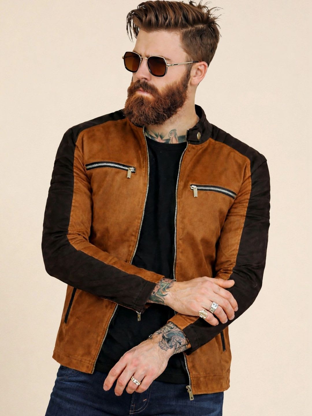 Leather Retail Men Colourblocked Suede Outdoor Biker Jacket - default view