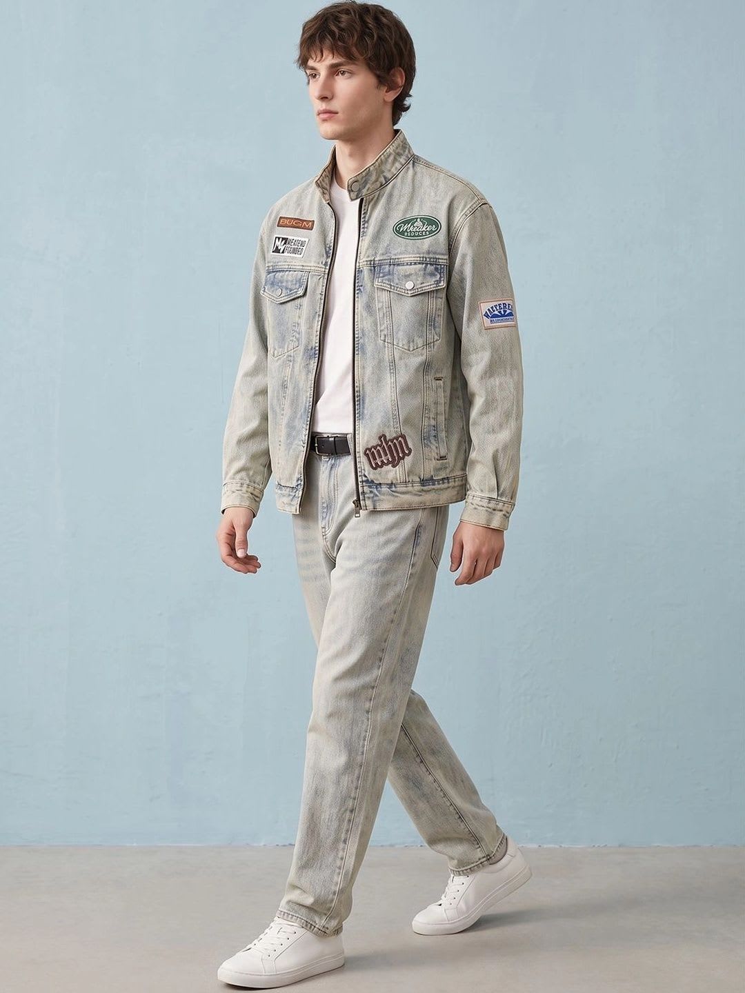 ATELIER REBEL Men Washed Outdoor Denim Jacket with Patchwork - left view