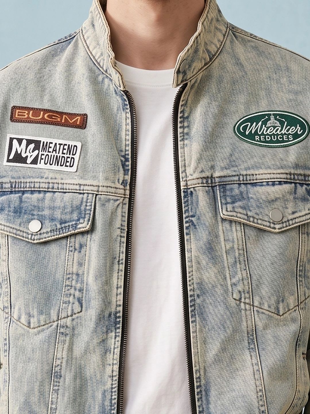 ATELIER REBEL Men Washed Outdoor Denim Jacket with Patchwork - right view