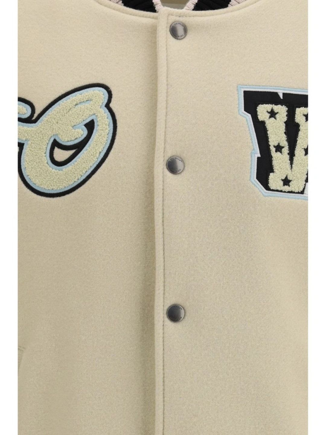 Off-White Men Brand Logo Colourblocked Woollen Varsity Jacket with Embroidered - back view