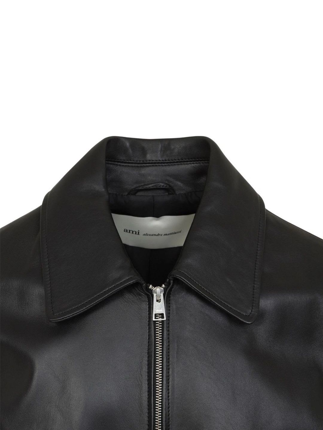 Ami Paris Men Leather Leather Jacket - back view