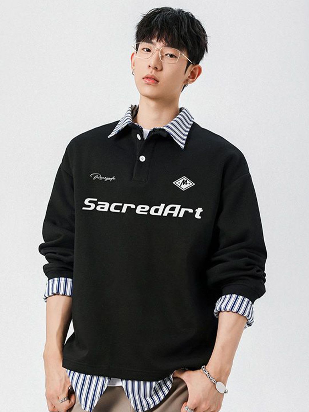 StyleCast x Revolte Men Typography Printed Shirt Collar Pullover Sweatshirt - back view