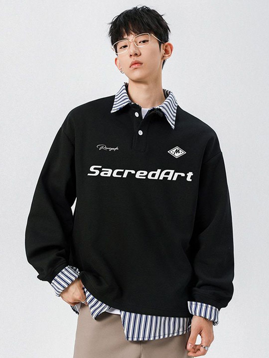 StyleCast x Revolte Men Typography Printed Shirt Collar Pullover Sweatshirt - left view