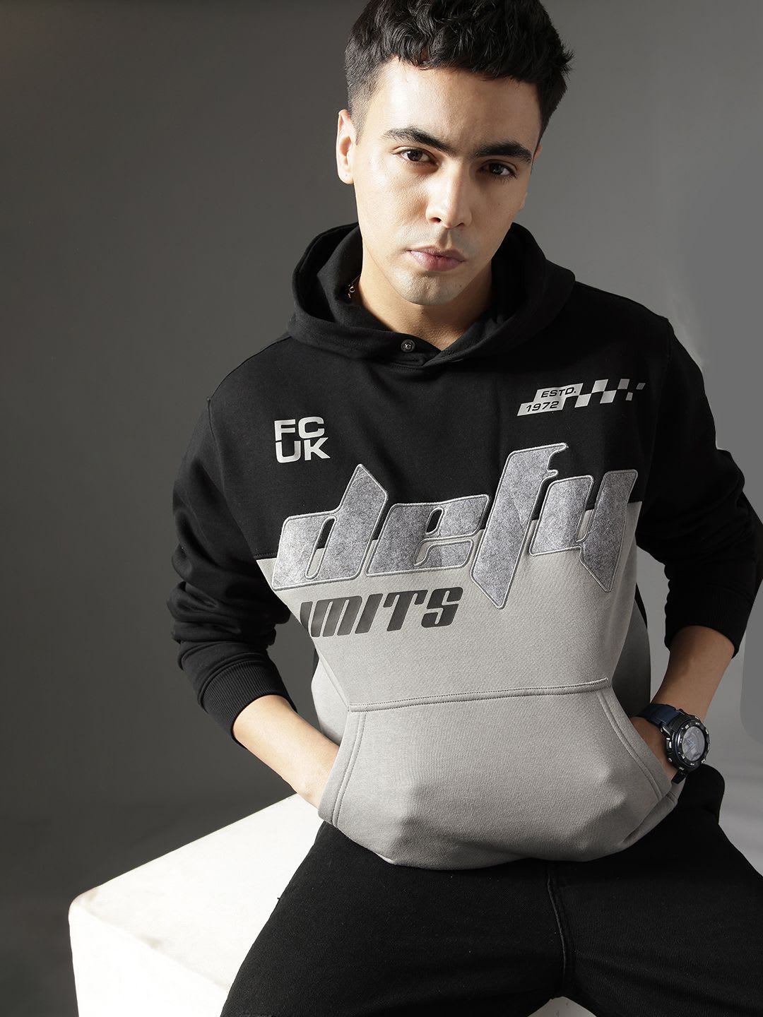 FCUK Colourblocked Hooded Knitted Sweatshirt - default view