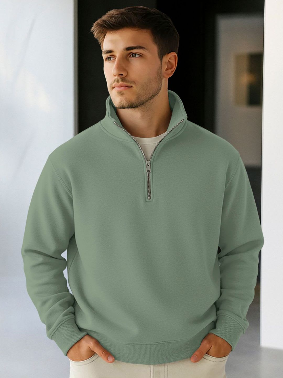 Fashion And Youth Men Solid Half Zipper Pullover Sweatshirt - default view
