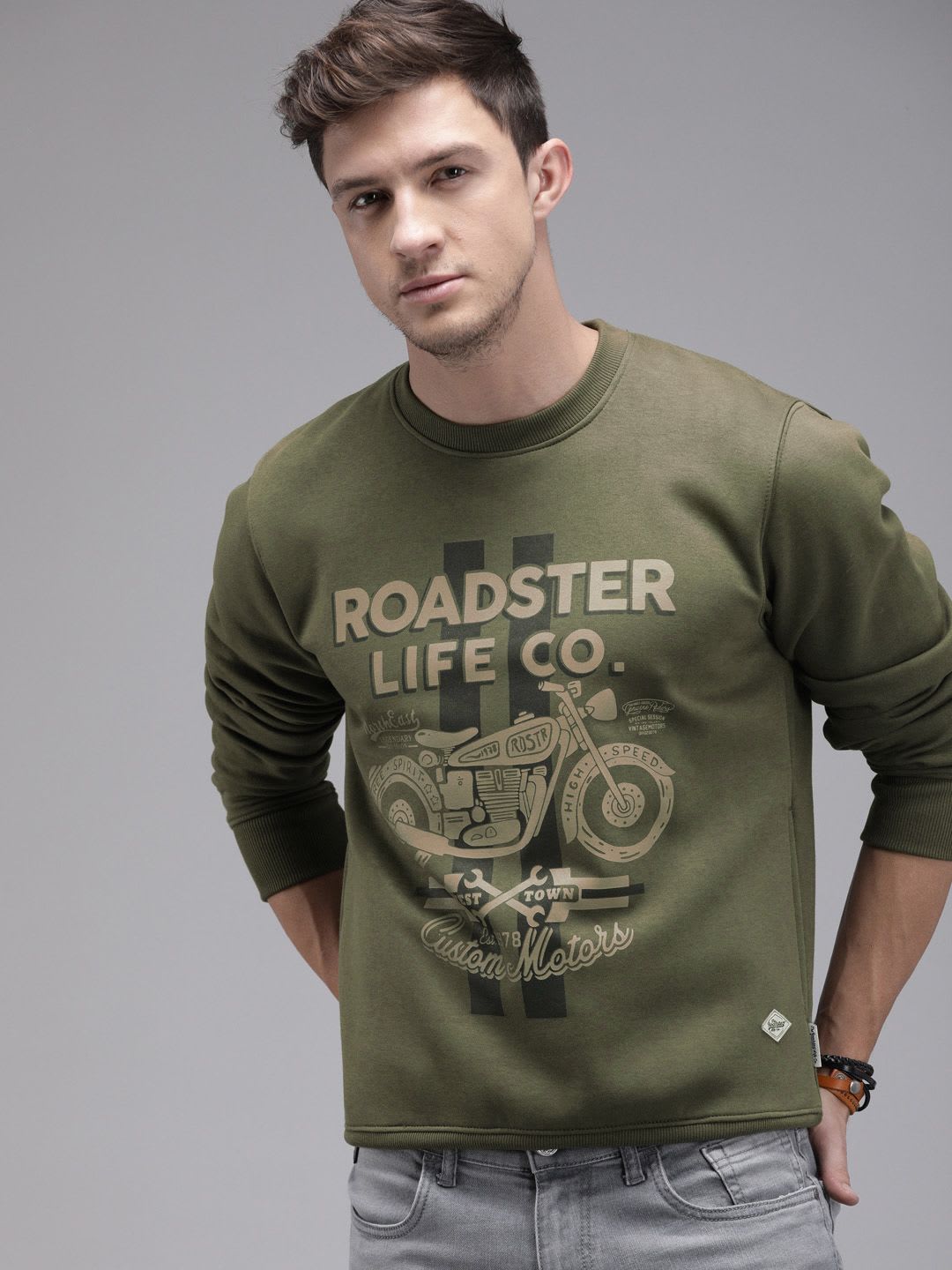 Roadster The Roadster Lifestyle Co Men Olive Green Printed Sweatshirt - default view