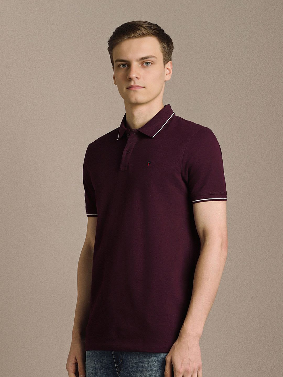 Louis Philippe Jeans Men Slim Fit Collar Tipping & Arm Branding Half Sleeve Casual Tshirt - back view