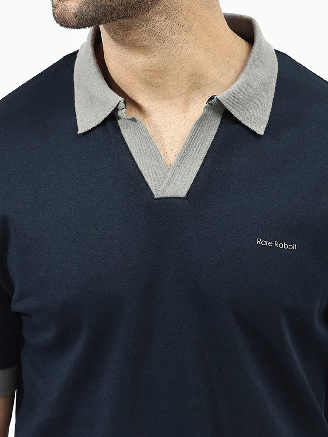 RARE RABBIT Men Plain Spread Collar Half Sleeve Cotton Regular Fit Polo T-Shirt - back view