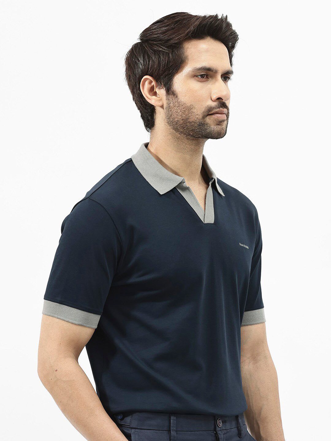 RARE RABBIT Men Plain Spread Collar Half Sleeve Cotton Regular Fit Polo T-Shirt - right view