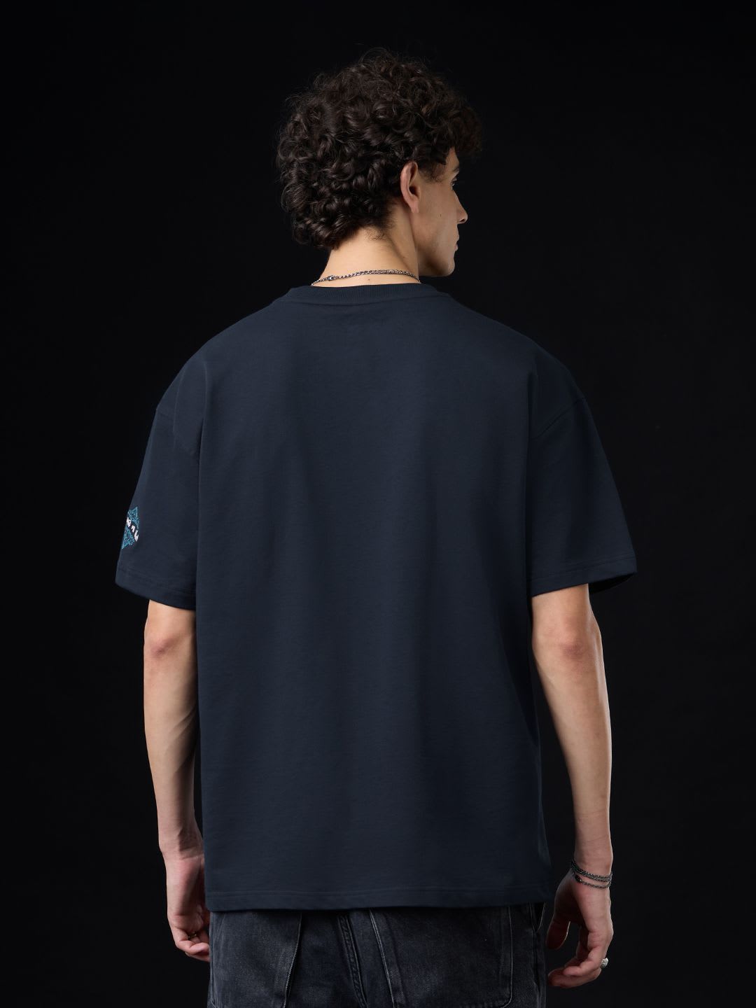 The Souled Store Men Oversized Fit Printed Navy Blue T-Shirts - back view