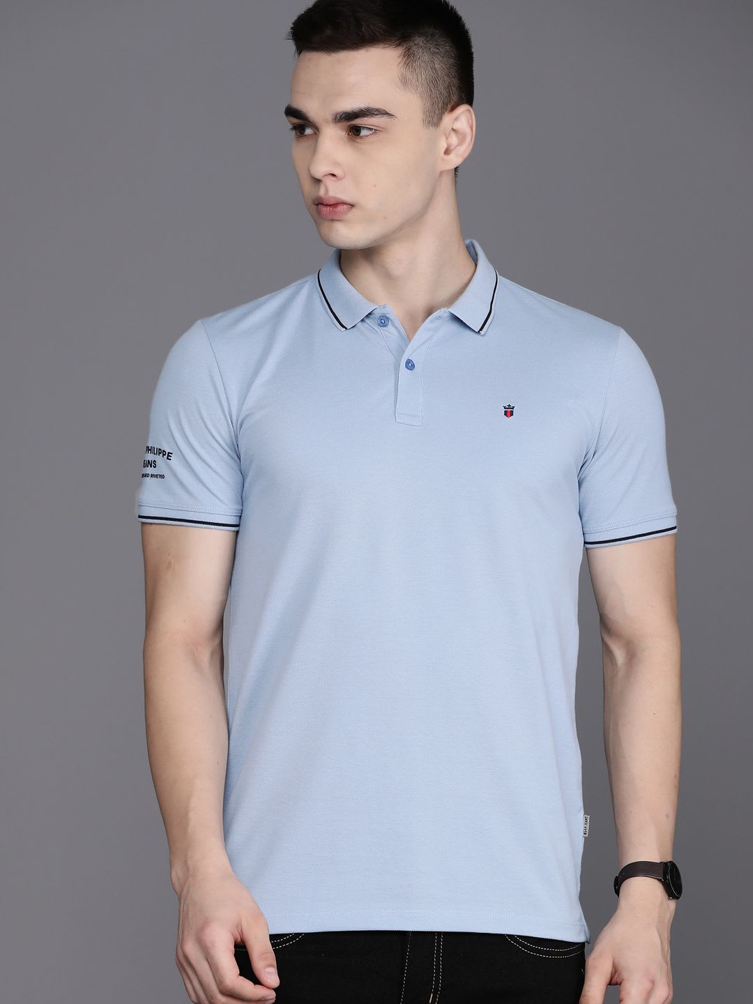 Louis Philippe Jeans Men Slim Fit Collar Tipping & Arm Branding Half Sleeve Tshirt - back view