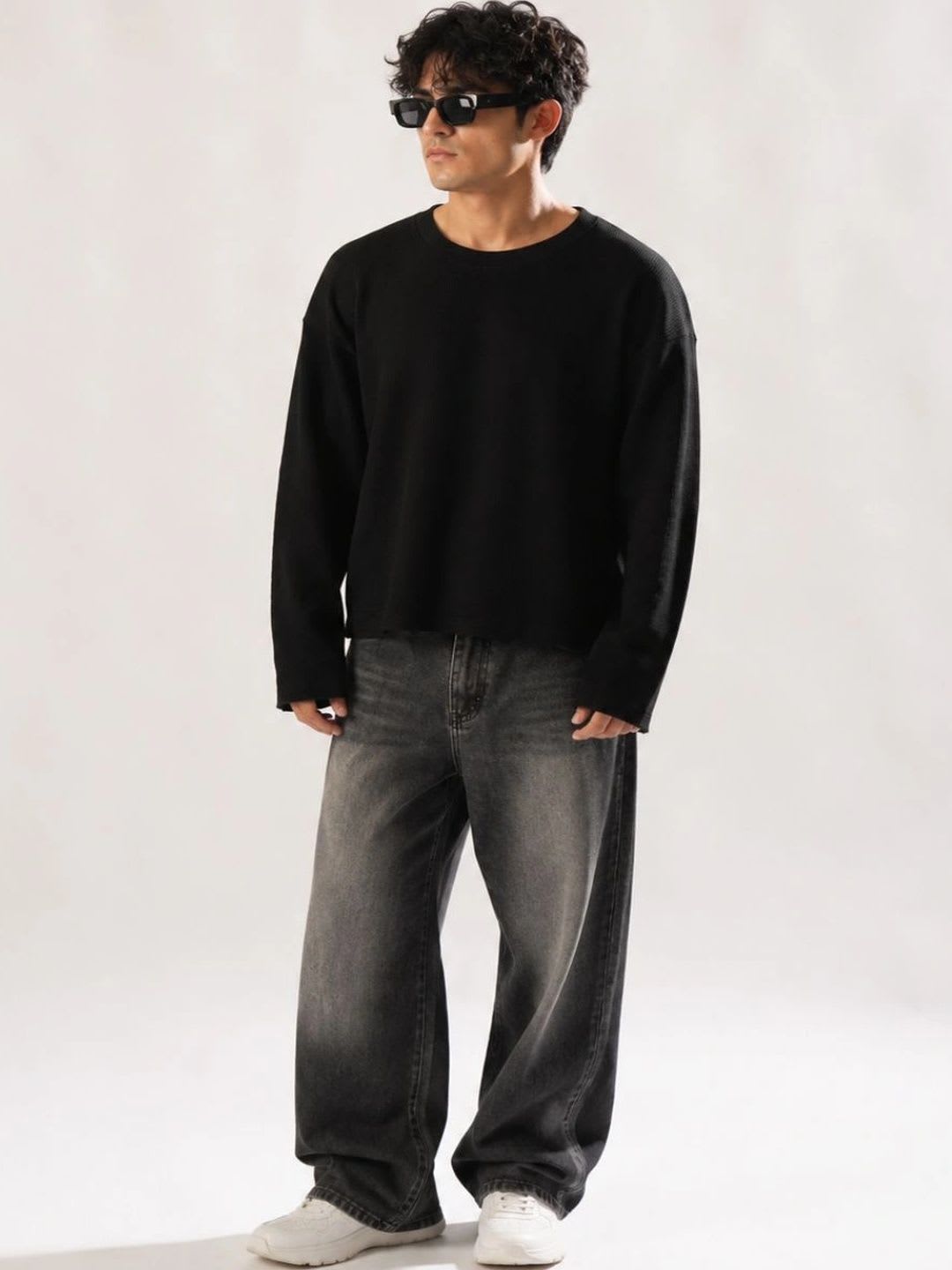 BEOVER Men's Black Boxy Crop T-shirt with Drop-Shoulder - left view