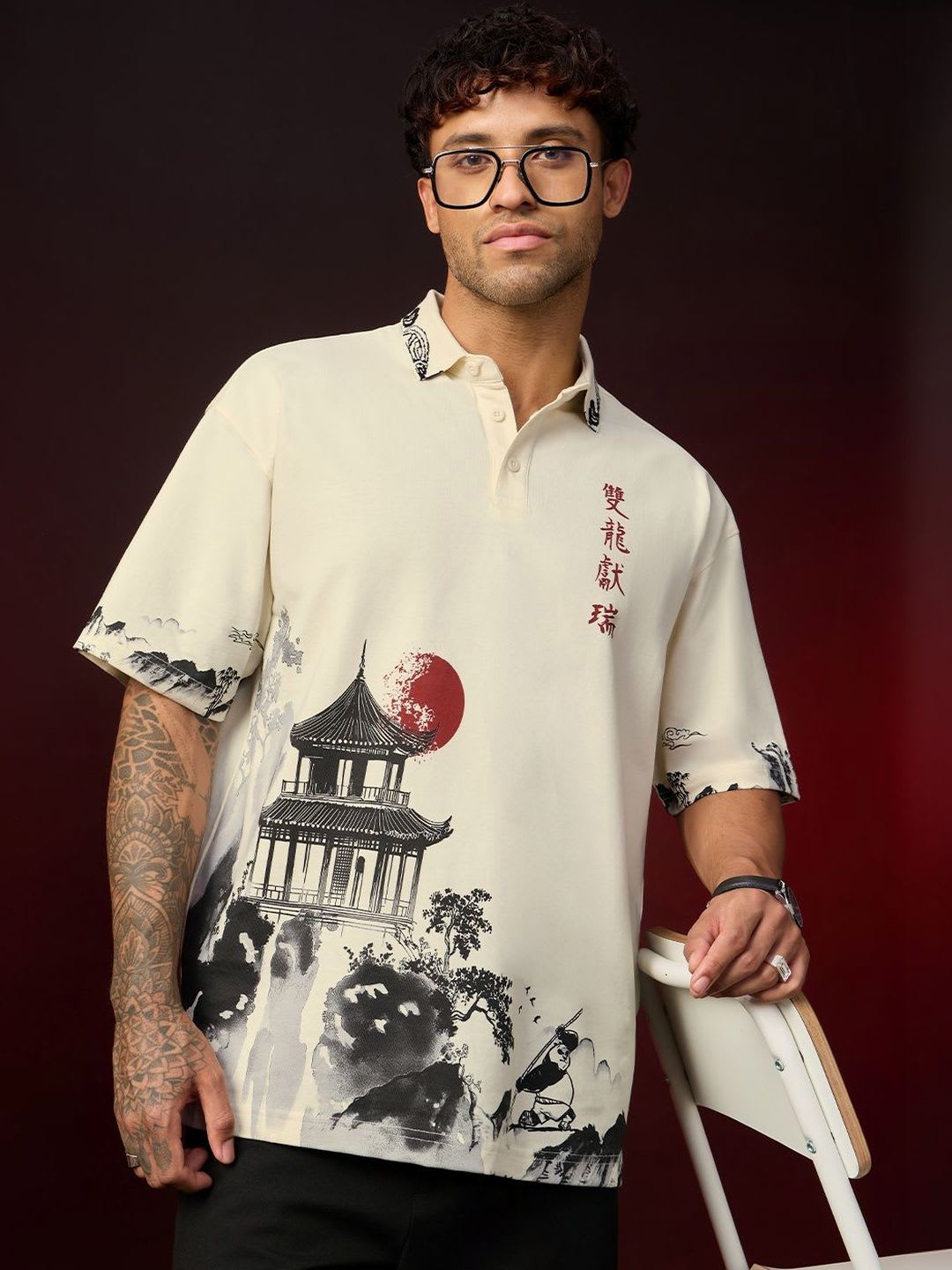 The Souled Store Kung Panda Peace Graphic Cotton Polo Collar Short Sleeves Oversized T-shirt - default view
