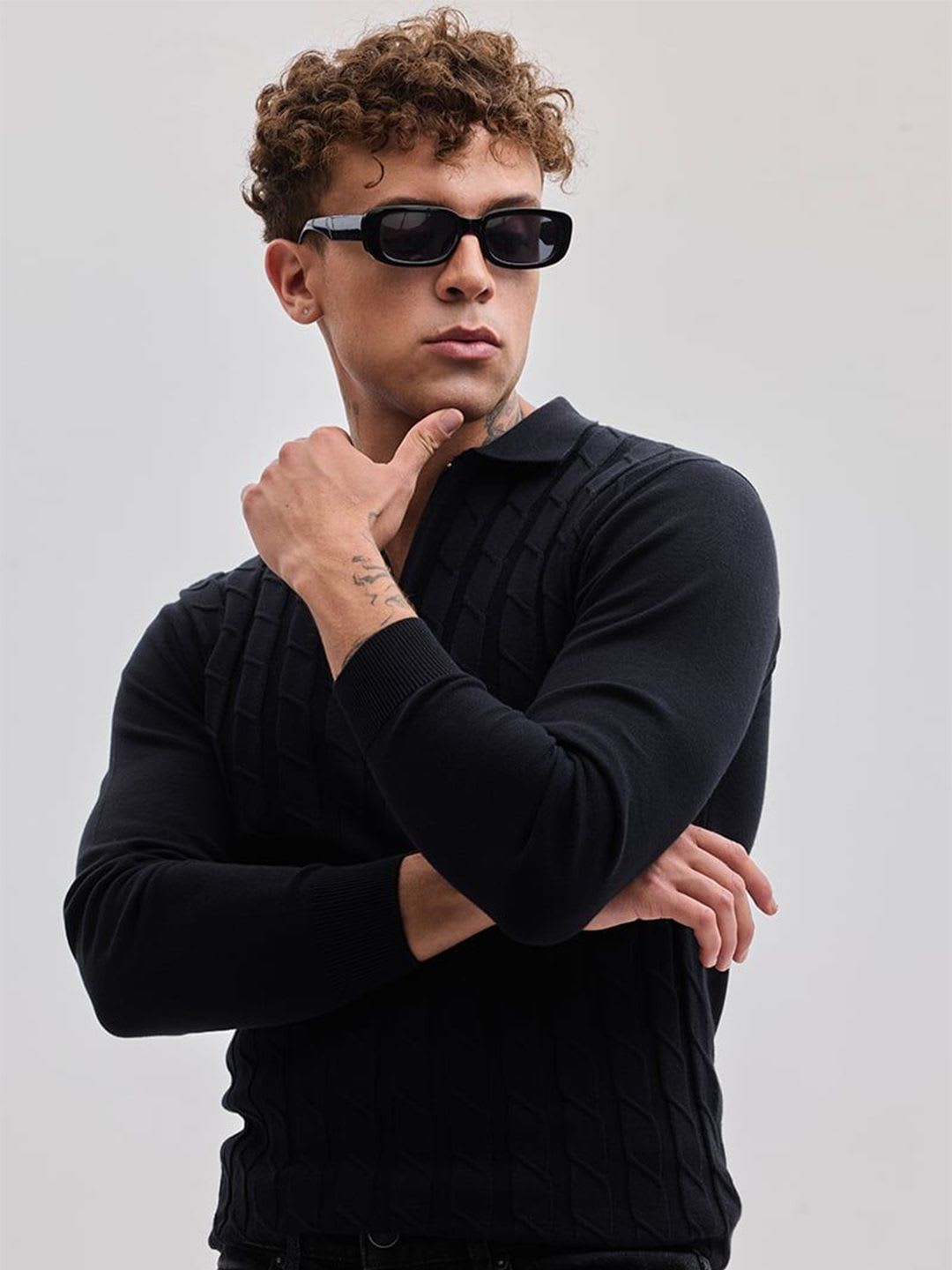 Snitch Men Self Design Polo Collar Cotton T-shirt - default view