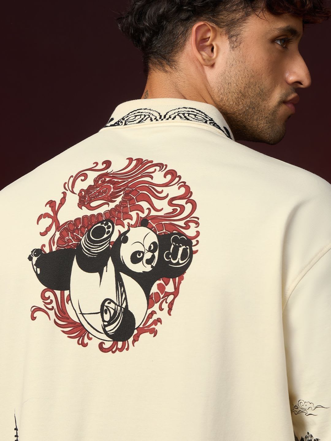 The Souled Store Kung Panda Peace Graphic Cotton Polo Collar Short Sleeves Oversized T-shirt - left view