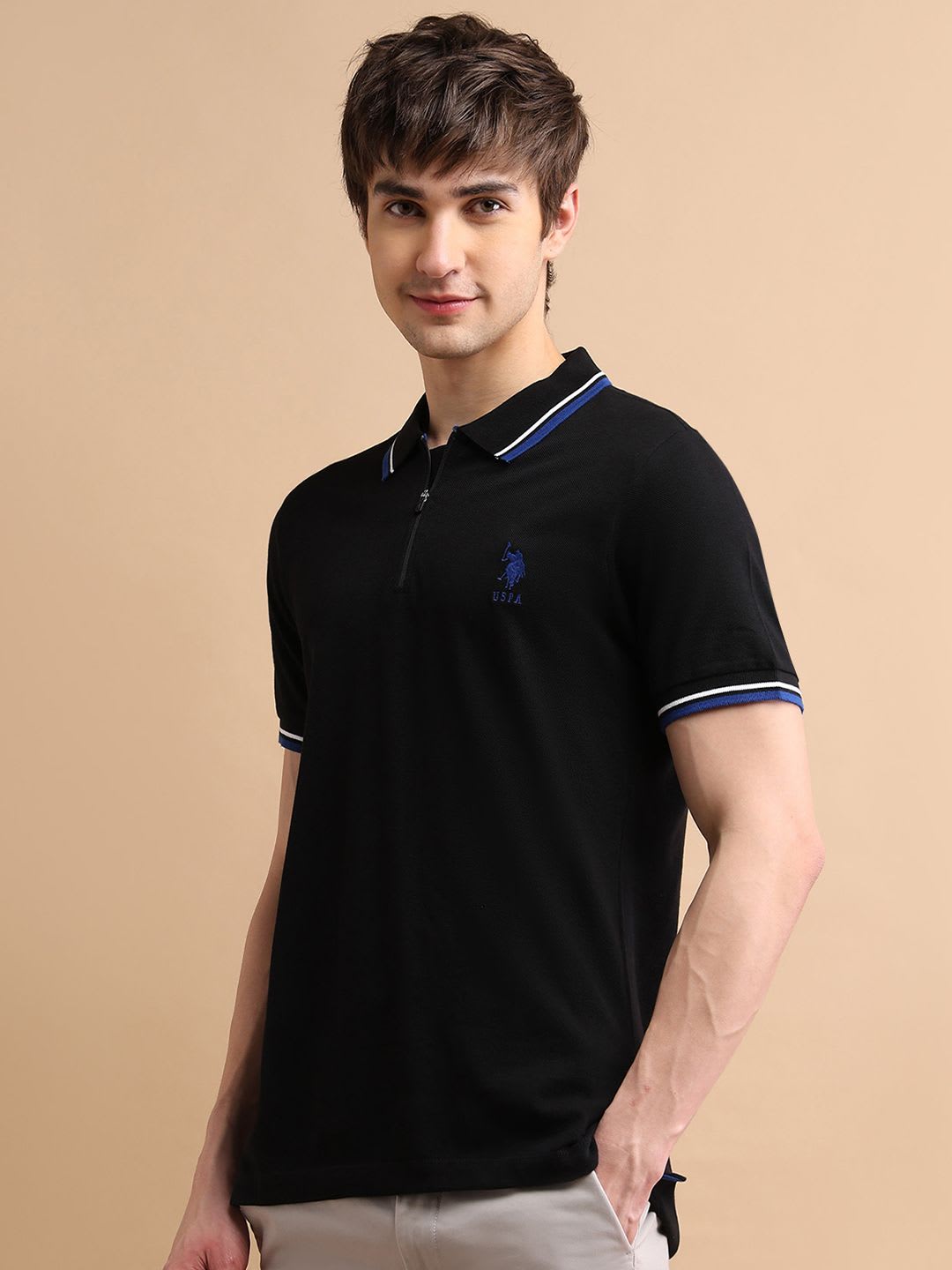 U.S. Polo Assn. Men Black Zipper Polo Collar Cotton T-shirt - back view