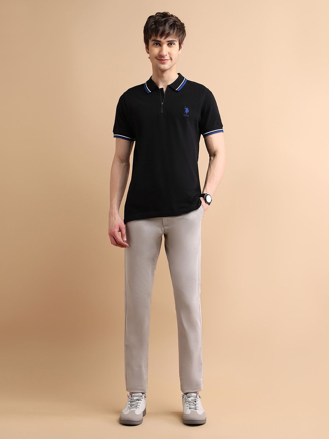 U.S. Polo Assn. Men Black Zipper Polo Collar Cotton T-shirt - left view