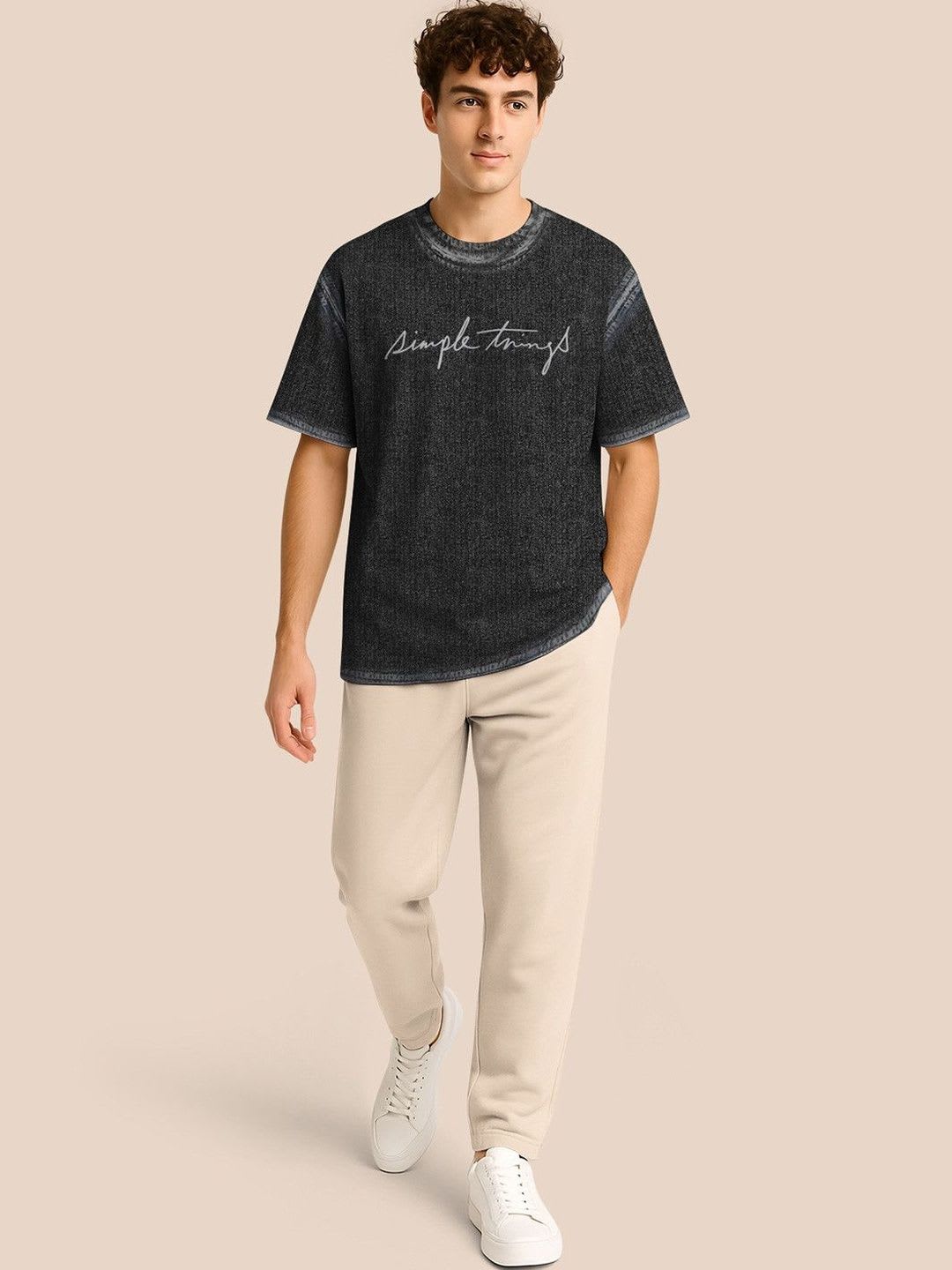 BULLMER Pack Of 2 Typography Printed Crew Neck Drop Shoulder Oversized T-shirts - left view