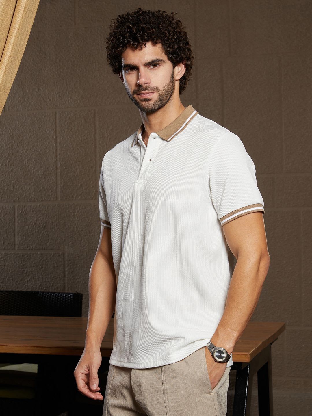 CAHOOT Men Self Design Polo Collar Cotton T-shirt - back view