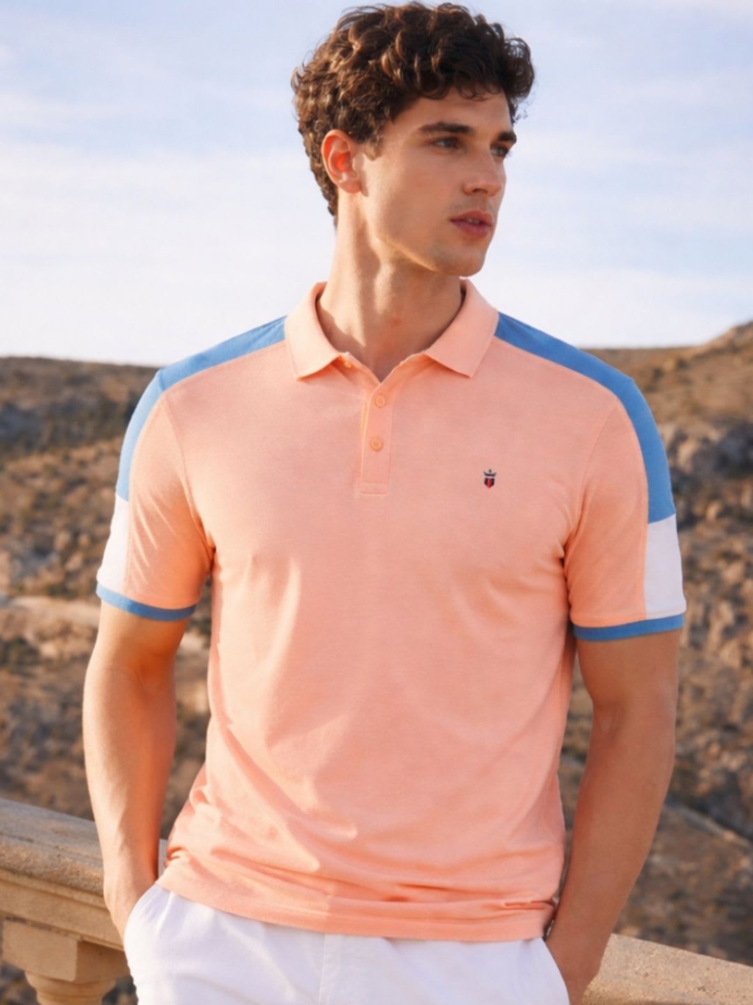 Louis Philippe Jeans Men Slim Fit Cut & Sew Color Block Shoulder Half Sleeve Casual Tshirt - default view